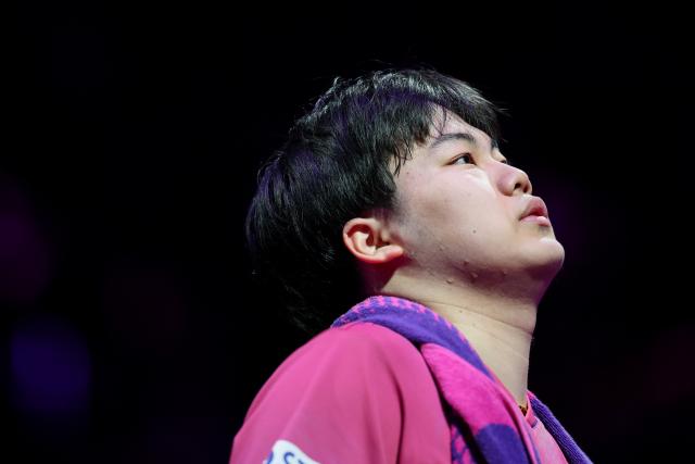 (260314) -- CHONGQING, March 14, 2026 (Xinhua) -- Matsushima Sora reacts during the men's singles quarterfinal between Wang Chuqin of China and Matsushima Sora of Japan at the WTT Champions Chongqing 2026 in southwest China's Chongqing, March 14, 2026. (Xinhua/Huang Wei)