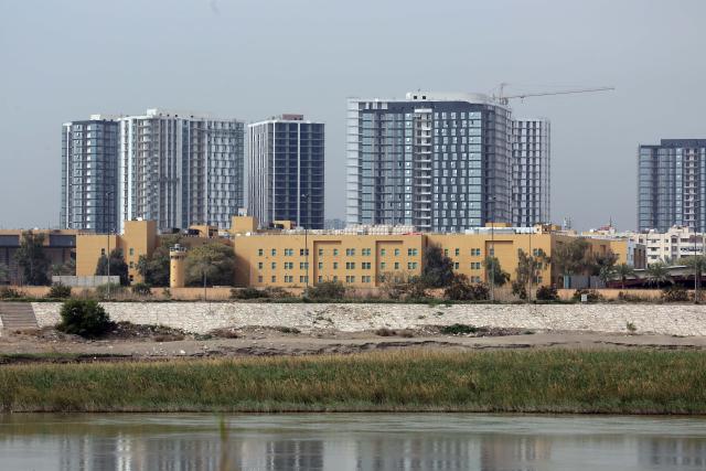 (260314) -- BAGHDAD, March 14, 2026 (Xinhua) -- This photo taken on March 14, 2026 shows the U.S. Embassy in Iraq after an attack in Baghdad, Iraq. The U.S. embassy here was attacked on Saturday, with no immediate information on casualties, a security source said. (Xinhua/Khalil Dawood)