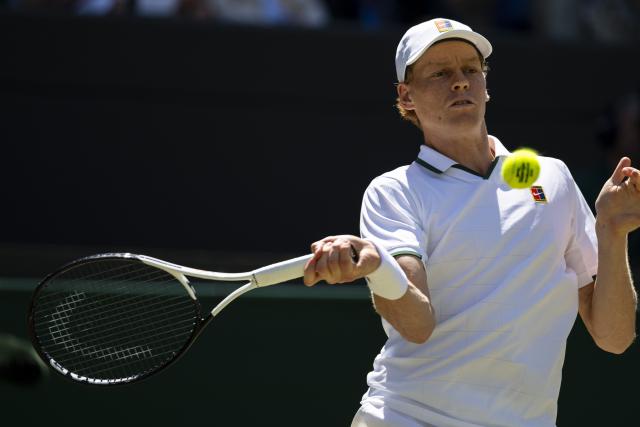 (260708) -- LONDON, July 8, 2026 (Xinhua) -- Jannik Sinner hits a return during the men's singles quarterfinal between Jannik Sinner of Italy and Jan-Lennard Struff of Germany at the Wimbledon Tennis Championships in London, Britain, on July 7, 2026. (Photo by Stephen Chung/Xinhua)