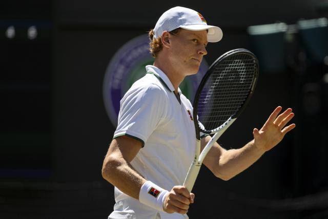(260708) -- LONDON, July 8, 2026 (Xinhua) -- Jannik Sinner reacts during the men's singles quarterfinal between Jannik Sinner of Italy and Jan-Lennard Struff of Germany at the Wimbledon Tennis Championships in London, Britain, on July 7, 2026. (Photo by Stephen Chung/Xinhua)