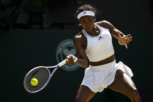 (260708) -- LONDON, July 8, 2026 (Xinhua) -- Coco Gauff hits a return during the women's singles quarterfinal between Coco Gauff of the United States and Jessica Pegula of the United States at the Wimbledon Tennis Championships in London, Britain, on July 7, 2026. (Photo by Stephen Chung/Xinhua)