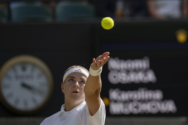 (260708) -- LONDON, July 8, 2026 (Xinhua) -- Karolina Muchova serves during the women's singles quarterfinal between Karolina Muchova of the Czech Republic and Osaka Naomi of Japan at the Wimbledon Tennis Championships in London, Britain, on July 7, 2026. (Photo by Stephen Chung/Xinhua)