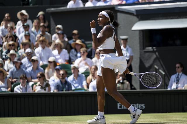 (260708) -- LONDON, July 8, 2026 (Xinhua) -- Coco Gauff reacts during the women's singles quarterfinal between Coco Gauff of the United States and Jessica Pegula of the United States at the Wimbledon Tennis Championships in London, Britain, on July 7, 2026. (Photo by Stephen Chung/Xinhua)