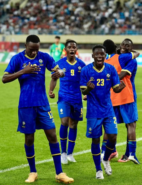 (260708) -- YINCHUAN, July 8, 2026 (Xinhua) -- Players of Tanzania U17 national team celebrate scoring during the CFA Team China International Youth Football Tournament Yinchuan 2026 between Chinese U17 national team and Tanzania U17 national team in Yinchuan, northwest China's Ningxia Hui Autonomous Region, July 8, 2026. (Xinhua/Yang Zhisen)