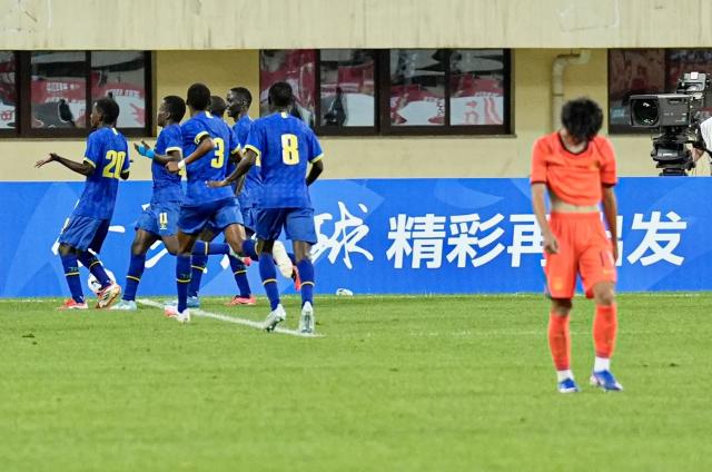 (260708) -- YINCHUAN, July 8, 2026 (Xinhua) -- Players of Tanzania U17 national team celebrate scoring during the CFA Team China International Youth Football Tournament Yinchuan 2026 between Chinese U17 national team and Tanzania U17 national team in Yinchuan, northwest China's Ningxia Hui Autonomous Region, July 8, 2026. (Xinhua/Yang Zhisen)