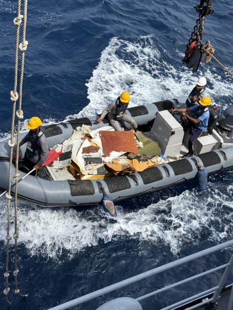 (260708) -- ISLAMABAD, July 8, 2026 (Xinhua) -- Photo released by Pakistan Navy on July 8, 2026 shows Pakistan Navy personnel transporting the wreckage of a missing K2 Airways cargo Boeing 737 aircraft in the sea near Ormara town, Pakistan. Pakistan's Navy on Wednesday located the wreckage of a missing K2 Airways cargo Boeing 737 aircraft in the Arabian Sea after a 12-hour search and rescue operation, the Pakistan Airports Authority (PAA) said in a statement.
The wreckage was found about 53 nautical miles south of Ormara, a coastal town in Gwadar district of the country's southwestern Balochistan province, the statement said. (Pakistan Navy/Handout via Xinhua)