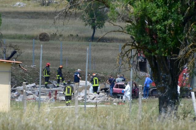 (260709) --BEIJING, July 9, 2026 (Xinhua) -- This photo taken on July 8, 2026 shows the site of an explosion of a fireworks factory at Pirotecnica Mattei in Borgorose, Rieti Province, Italy.
  Two people were killed after an explosion ripped through a fireworks factory in central Italy on Wednesday morning, Italian daily La Repubblica reported. (Xinhua)
