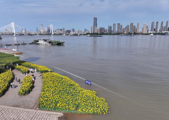 (260709) -- WUHAN, July 9, 2026 (Xinhua) -- A drone photo taken on July 8, 2026 shows water overflowing the guardrail of a waterside tourist platform at a levee along the Yangtze River in Wuchang District of Wuhan, central China's Hubei Province. Affected by heavy rainfall, the water level in Wuhan section of the Yangtze River rose obviously on Wednesday.
   The water level at the Yangtze Hankou monitoring station reached 25.11 meters, 0.11 meters above the warning mark. (Photo by Zhao Jun/Xinhua)