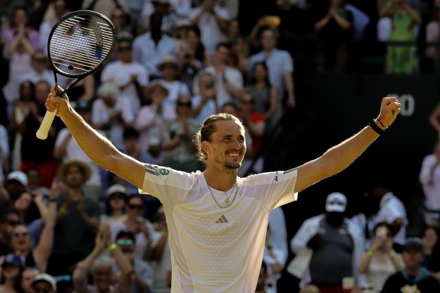 (260709) -- LONDON, July 9, 2026 (Xinhua) -- Alexander Zverev of Germany celebrates after winning the men's singles quarterfinal match against Taylor Fritz of the United States at the Wimbledon Tennis Championships in London, Britain, on July 8, 2026. (Photo by Dinendra Haria/Xinhua)