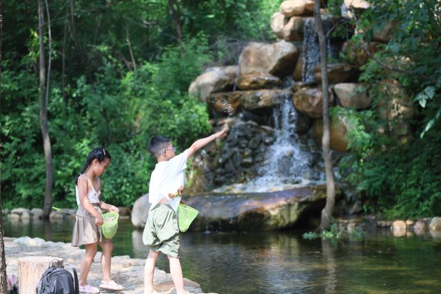 (260709) -- TIANJIN, July 9, 2026 (Xinhua) -- Children feed fish at a scenic spot in Xiaying Town of Jizhou District, north China's Tianjin, July 8, 2026. Xiaying Town in Jizhou District of Tianjin ushered in a travel boom as the summer vacation season began in China. In recent years, the town, taking advantages of its unique mountain, forest and water resources, has built a number of distinctive tourist attractions to meet people's various travelling demands. (Xinhua/Li Ran)
