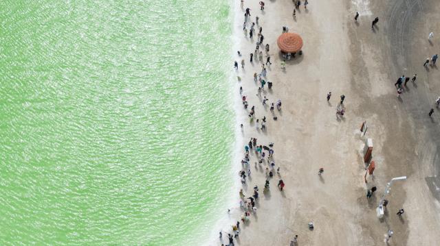 (260709) -- GOLMUD, July 9, 2026 (Xinhua) -- An aerial drone photo taken on July 9, 2026 shows tourists visiting the Qairhan salt lake in Golmud, northwest China's Qinghai Province. The Qairhan salt lake, with a total area of 5,856 square kilometers, has been the largest potash fertilizer producing base in China. (Xinhua/Wang Yan)