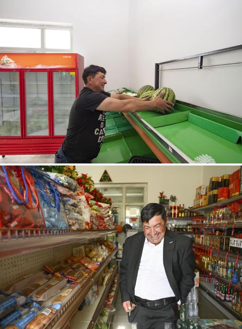 (260709) -- TAXKORGAN, July 9, 2026 (Xinhua) -- This combo photo shows Duri Jarman arranging watermelons for sale in his newly opened grocery store at the comprehensive market next to his new residence after the relocation in Taxkorgan Tajik Autonomous County, northwest China's Xinjiang Uygur Autonomous Region, June 24, 2020 (above) and Duri Jarman walking inside his grocery store, with shelves fully stocked with a wide variety of goods, in Taxkorgan Tajik Autonomous County, northwest China's Xinjiang Uygur Autonomous Region, June 29, 2026 (below). This summer, happiness filled the air around the home of herdsman Duri Jarman. His youngest son Nurkerim tied the knot with his beloved woman. Weddings of the Tajik ethnic group usually last three days. Inscribed on the national intangible cultural heritage list in 2008, the wedding customs of the Tajik ethnic group maintain unique traditions and are always described as festivals of music, dance and food to showcase the resplendent newlyweds and their propitious marriage.
  In Aimin Village, this wedding also serves as a vivid epitome of the eight-year transformative leap brought by the poverty alleviation relocation program.
  In the winter of 2018, Jarman and his family benefited from the relocation policy for poverty alleviation and settled in Aimin Village. They gradually adapted to the changes, enjoying a new life different from that of their ancestors. Jarman ran a small grocery store with Nurkerim, while his eldest and second sons both landed stable new jobs. Nurkerim also bought a pickup truck to run a transport business. It was this business that brought him together with his wife. For this family, the relocation is not only an opportunity for development, but also a path leading to happiness.
  Over the past eight years, Jarman has expanded his courtyard and planted saplings year after year. His small yard, where not a single tree used to grow, is now shaded by lush, thriving woods. As relocation sites of the poverty alleviation relocation program, Aimin Village and neighboring Fumin Village are now home to 321 households, with at least one person employed per household on average. (Xinhua/Hu Huhu)