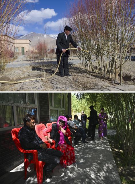 (260709) -- TAXKORGAN, July 9, 2026 (Xinhua) -- This combo photo shows Duri Jarman watering plateau willows in front of his new residence in Taxkorgan Tajik Autonomous County, northwest China's Xinjiang Uygur Autonomous Region, March 21, 2023 (above) and wife of Duri Jarman (2nd L) chatting with a guest attending her son's wedding under tree shades in Taxkorgan Tajik Autonomous County, northwest China's Xinjiang Uygur Autonomous Region, June 30, 2026 (below). This summer, happiness filled the air around the home of herdsman Duri Jarman. His youngest son Nurkerim tied the knot with his beloved woman. Weddings of the Tajik ethnic group usually last three days. Inscribed on the national intangible cultural heritage list in 2008, the wedding customs of the Tajik ethnic group maintain unique traditions and are always described as festivals of music, dance and food to showcase the resplendent newlyweds and their propitious marriage.
  In Aimin Village, this wedding also serves as a vivid epitome of the eight-year transformative leap brought by the poverty alleviation relocation program.
  In the winter of 2018, Jarman and his family benefited from the relocation policy for poverty alleviation and settled in Aimin Village. They gradually adapted to the changes, enjoying a new life different from that of their ancestors. Jarman ran a small grocery store with Nurkerim, while his eldest and second sons both landed stable new jobs. Nurkerim also bought a pickup truck to run a transport business. It was this business that brought him together with his wife. For this family, the relocation is not only an opportunity for development, but also a path leading to happiness.
  Over the past eight years, Jarman has expanded his courtyard and planted saplings year after year. His small yard, where not a single tree used to grow, is now shaded by lush, thriving woods. As relocation sites of the poverty alleviation relocation program, Aimin Village and neighboring Fumin Village are now home to 321 households, with at least one person employed per household on average. (Xinhua/Hu Huhu)