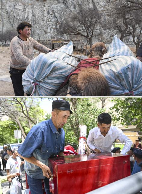 (260709) -- TAXKORGAN, July 9, 2026 (Xinhua) -- This combo photo shows Duri Jarman packing his belongings beside his old residence in the valley on the plateau in Taxkorgan Tajik Autonomous County, northwest China's Xinjiang Uygur Autonomous Region, Nov. 17, 2018 (above) and members of the wedding procession loading the bride's dowry onto a truck in Taxkorgan Tajik Autonomous County, northwest China's Xinjiang Uygur Autonomous Region, June 28, 2026 (below). This summer, happiness filled the air around the home of herdsman Duri Jarman. His youngest son Nurkerim tied the knot with his beloved woman. Weddings of the Tajik ethnic group usually last three days. Inscribed on the national intangible cultural heritage list in 2008, the wedding customs of the Tajik ethnic group maintain unique traditions and are always described as festivals of music, dance and food to showcase the resplendent newlyweds and their propitious marriage.
  In Aimin Village, this wedding also serves as a vivid epitome of the eight-year transformative leap brought by the poverty alleviation relocation program.
  In the winter of 2018, Jarman and his family benefited from the relocation policy for poverty alleviation and settled in Aimin Village. They gradually adapted to the changes, enjoying a new life different from that of their ancestors. Jarman ran a small grocery store with Nurkerim, while his eldest and second sons both landed stable new jobs. Nurkerim also bought a pickup truck to run a transport business. It was this business that brought him together with his wife. For this family, the relocation is not only an opportunity for development, but also a path leading to happiness.
  Over the past eight years, Jarman has expanded his courtyard and planted saplings year after year. His small yard, where not a single tree used to grow, is now shaded by lush, thriving woods. As relocation sites of the poverty alleviation relocation program, Aimin Village and neighboring Fumin Village are now home to 321 households, with at least one person employed per household on average. (Xinhua/Hu Huhu)