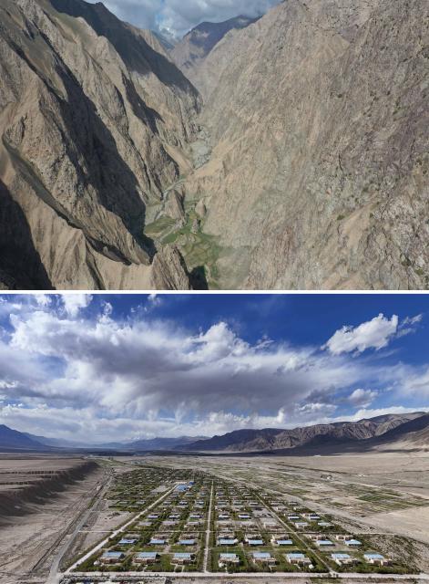 (260709) -- TAXKORGAN, July 9, 2026 (Xinhua) -- This combo photo shows an aerial view of the valley where Duri Jarman and his family resided before relocation in Taxkorgan Tajik Autonomous County, northwest China's Xinjiang Uygur Autonomous Region, June 20, 2019 (above, drone photo) and an aerial view of the village where Duri Jarman and his family live in Taxkorgan Tajik Autonomous County, northwest China's Xinjiang Uygur Autonomous Region, June 26, 2026 (below, drone photo). This summer, happiness filled the air around the home of herdsman Duri Jarman. His youngest son Nurkerim tied the knot with his beloved woman. Weddings of the Tajik ethnic group usually last three days. Inscribed on the national intangible cultural heritage list in 2008, the wedding customs of the Tajik ethnic group maintain unique traditions and are always described as festivals of music, dance and food to showcase the resplendent newlyweds and their propitious marriage.
  In Aimin Village, this wedding also serves as a vivid epitome of the eight-year transformative leap brought by the poverty alleviation relocation program.
  In the winter of 2018, Jarman and his family benefited from the relocation policy for poverty alleviation and settled in Aimin Village. They gradually adapted to the changes, enjoying a new life different from that of their ancestors. Jarman ran a small grocery store with Nurkerim, while his eldest and second sons both landed stable new jobs. Nurkerim also bought a pickup truck to run a transport business. It was this business that brought him together with his wife. For this family, the relocation is not only an opportunity for development, but also a path leading to happiness.
  Over the past eight years, Jarman has expanded his courtyard and planted saplings year after year. His small yard, where not a single tree used to grow, is now shaded by lush, thriving woods. As relocation sites of the poverty alleviation relocation program, Aimin Village and neighboring Fumin Village are now home to 321 households, with at least one person employed per household on average. (Xinhua/Hu Huhu)