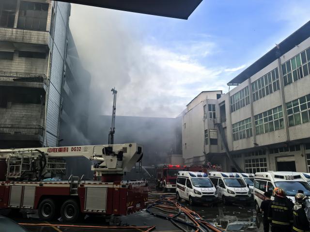 (260709) -- JINJIANG, July 9, 2026 (Xinhua) -- Firefighters work after a fire broke out at a shoe factory in Jiangtou Village, Chendai Township of Jinjiang City, southeast China's Fujian Province, on July 9, 2026. Twenty-eight people have been killed following a fire at a shoe factory in Jinjiang City on Thursday, local authorities said. (Xinhua/Wang Cheng)