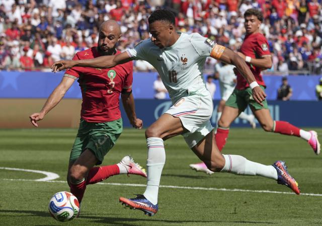 (260710) -- BOSTON, July 10, 2026 (Xinhua) -- Kylian Mbappe (front R) of France breaks through during the quarter final match between France and Morocco at the 2026 FIFA World Cup at Boston Stadium in Boston, the United States, July 9, 2026. (Xinhua/Lui Siu Wai)