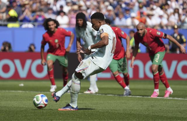 (260710) -- BOSTON, July 10, 2026 (Xinhua) -- Kylian Mbappe of France shoots a penalty kick during the quarter final match between France and Morocco at the 2026 FIFA World Cup at Boston Stadium in Boston, the United States, July 9, 2026. (Xinhua/Lui Siu Wai)