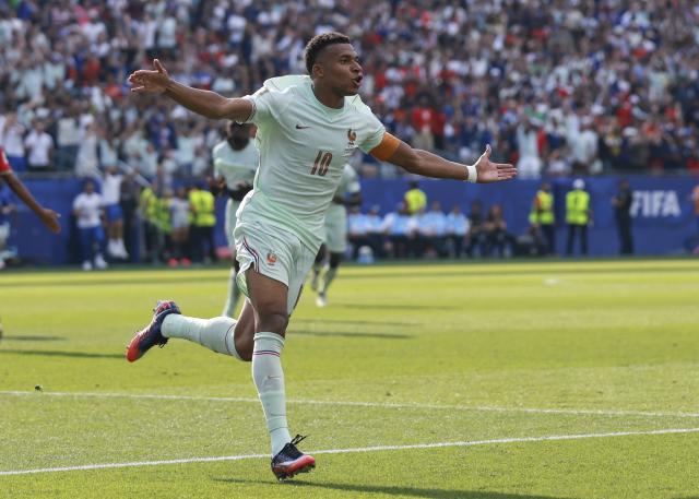 (260710) -- BOSTON, July 10, 2026 (Xinhua) -- Kylian Mbappe of France celebrates scoring during the quarter final match between France and Morocco at the 2026 FIFA World Cup at Boston Stadium in Boston, the United States, July 9, 2026. (Xinhua/Hu Xingyu)