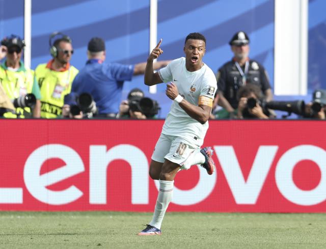 (260710) -- BOSTON, July 10, 2026 (Xinhua) -- Kylian Mbappe of France celebrates scoring during the quarter final match between France and Morocco at the 2026 FIFA World Cup at Boston Stadium in Boston, the United States, July 9, 2026. (Xinhua/Zhang Chen)