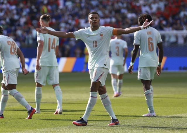 (260710) -- BOSTON, July 10, 2026 (Xinhua) -- Kylian Mbappe of France celebrates scoring during the quarter final match between France and Morocco at the 2026 FIFA World Cup at Boston Stadium in Boston, the United States, July 9, 2026. (Xinhua/Hu Xingyu)