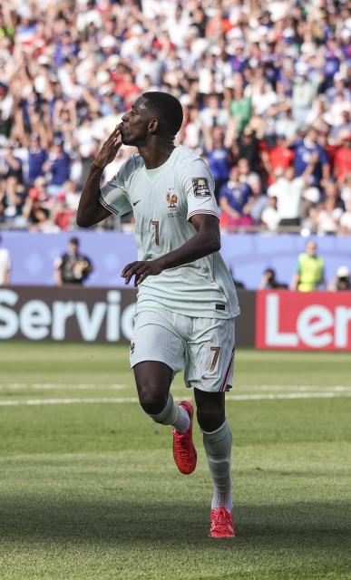(260710) -- BOSTON, July 10, 2026 (Xinhua) -- Ousmane Dembele of France celebrates scoring during the quarter final match between France and Morocco at the 2026 FIFA World Cup at Boston Stadium in Boston, the United States, July 9, 2026. (Xinhua/Xu Zijian)