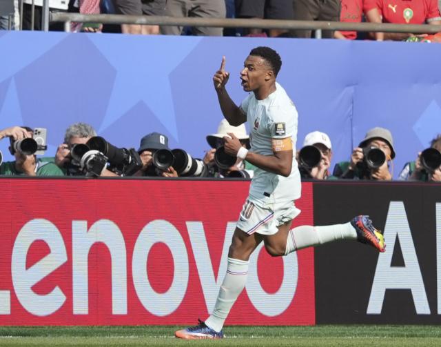 (260710) -- BOSTON, July 10, 2026 (Xinhua) -- Kylian Mbappe of France celebrates scoring during the quarter final match between France and Morocco at the 2026 FIFA World Cup at Boston Stadium in Boston, the United States, July 9, 2026. (Xinhua/Lui Siu Wai)