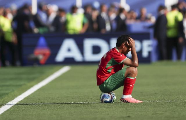 (260710) -- BOSTON, July 10, 2026 (Xinhua) -- Gessime Yassine of Morocco reacts after the quarter final match between France and Morocco at the 2026 FIFA World Cup at Boston Stadium in Boston, the United States, July 9, 2026. (Xinhua/Zhang Chen)