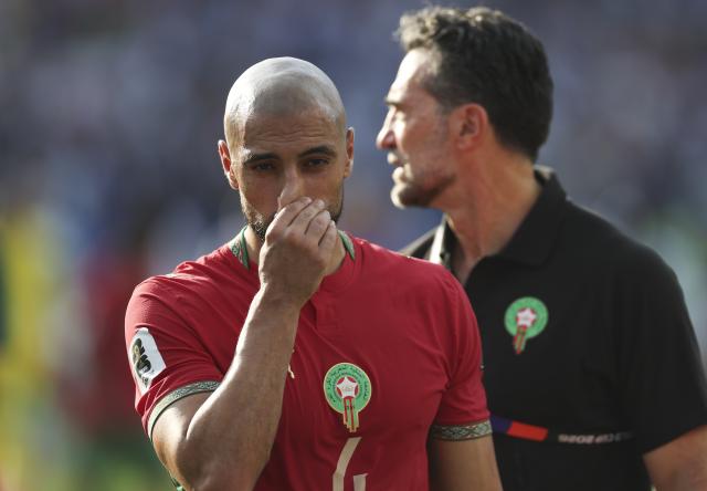 (260710) -- BOSTON, July 10, 2026 (Xinhua) -- Sofyan Amrabat of Morocco reacts after the quarter final match between France and Morocco at the 2026 FIFA World Cup at Boston Stadium in Boston, the United States, July 9, 2026. (Xinhua/Hu Xingyu)