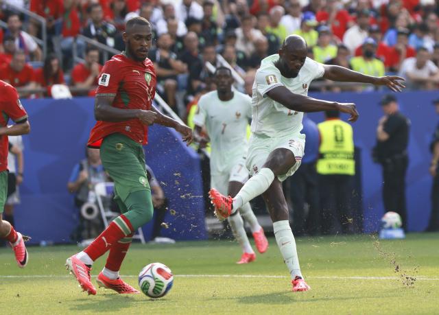 (260710) -- BOSTON, July 10, 2026 (Xinhua) -- Jean-Philippe Mateta (R) of France competes during the quarter final match between France and Morocco at the 2026 FIFA World Cup at Boston Stadium in Boston, the United States, July 9, 2026. (Xinhua/Hu Xingyu)