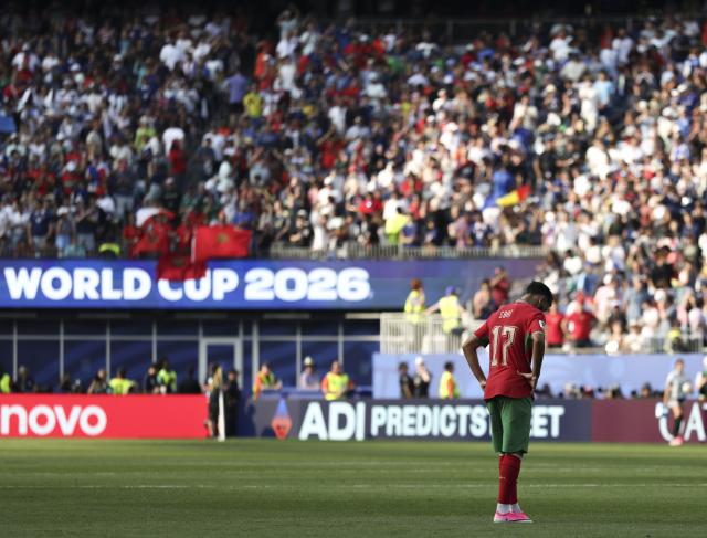 (260710) -- BOSTON, July 10, 2026 (Xinhua) -- Amine Sbai of Morocco reacts after the quarter final match between France and Morocco at the 2026 FIFA World Cup at Boston Stadium in Boston, the United States, July 9, 2026. (Xinhua/Xu Zijian)