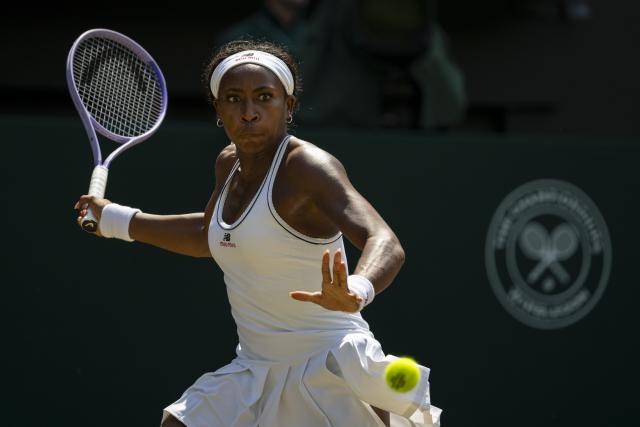 (260710) -- LONDON, July 10, 2026 (Xinhua) -- Coco Gauff of the United States hits a return during the women's semifinal match against Karolina Muchova of the Czech Republic at the Wimbledon Tennis Championships in London, Britain, on July 9, 2026. (Photo by Stephen Chung/Xinhua)