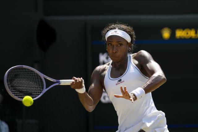 (260710) -- LONDON, July 10, 2026 (Xinhua) -- Coco Gauff of the United States hits a return during the women's semifinal match against Karolina Muchova of the Czech Republic at the Wimbledon Tennis Championships in London, Britain, on July 9, 2026. (Photo by Stephen Chung/Xinhua)