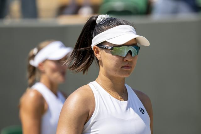 (260710) -- LONDON, July 10, 2026 (Xinhua) -- Guo Hanyu (R)/Kristina Mladenovic react during the women's doubles quarterfinal match between Katerina Siniakova (the Czech Republic)/Taylor Townsend (the United States of America) and Guo Hanyu (China)/Kristina Mladenovic (France) at the Wimbledon Tennis Championships in London, Britain, on July 9, 2026. (Photo by Stephen Chung/Xinhua)
