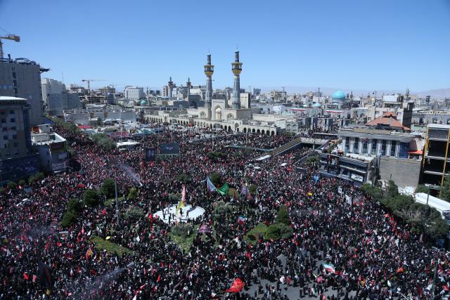 (260710) -- MASHHAD, July 10, 2026 (Xinhua) -- People attend the funeral procession of Iran's late Supreme Leader Ali Khamenei in Mashhad, Iran, July 9, 2026. Ali Khamenei was laid to rest in the northeastern Iranian city of Mashhad on Thursday. (Xinhua/Shadati)