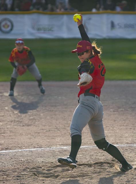 (260710) -- SURREY, July 10, 2026 (Xinhua) -- Sun Yue of China competes during a round-robin match between China and Canada at the 2026 Canada Cup International Softball Championship in Surrey, British Columbia, Canada, July 9, 2026. (Photo by Liang Sen/Xinhua)
