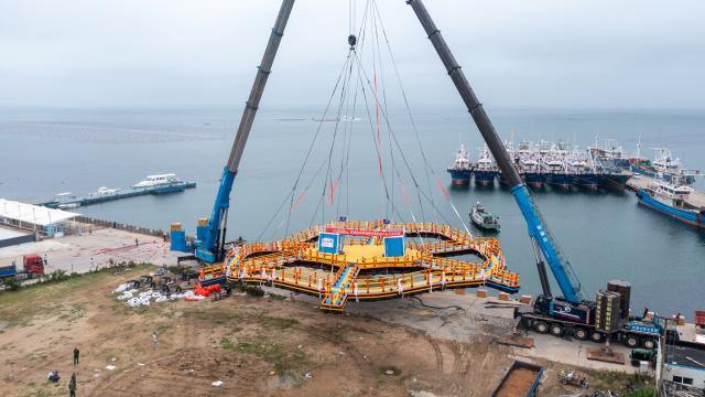 (260710) -- QINGDAO, July 10, 2026 (Xinhua) -- An aerial drone photo taken on July 10, 2026 shows the large offshore platform for controlled in-situ experiments on coastal ecosystems being deployed in the Yellow Sea off Rongcheng in east China's Shandong Province. China on Friday put into operation a large offshore platform for controlled in-situ experiments regarding coastal ecosystems, marking a new phase of systematic, intelligent and open coastal ecological research in the country.
  Developed by the Institute of Oceanology under the Chinese Academy of Sciences (IOCAS), the facility is deployed in the Yellow Sea off Rongcheng in east China's Shandong Province. It is the country's largest open-access facility for in-situ coastal experiments, the IOCAS said.
  TO GO WITH "China launches large offshore lab for coastal eco-studies" (IOCAS/Handout via Xinhua)