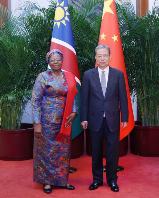 (260710) -- BEIJING, July 10, 2026 (Xinhua) -- Zhao Leji, chairman of the National People's Congress Standing Committee, meets with Namibian President Netumbo Nandi-Ndaitwah in Beijing, capital of China, on July 10, 2026. (Xinhua/Liu Weibing)