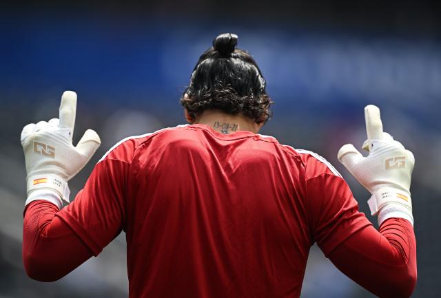 (260711) -- LOS ANGELES, July 11, 2026 (Xinhua) -- David Raya, goalkeeper of Spain, reacts before the quarter final match between Spain and Belgium at the 2026 FIFA World Cup at Los Angeles Stadium in Los Angeles, the United States, July 10, 2026. (Xinhua/Wu Xiaoling)