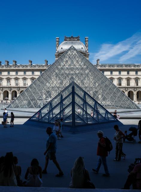 (260710) -- PARIS, July 10, 2026 (Xinhua) -- Visitors are seen near the Louvre Museum during the heatwave in Paris, France, July 10, 2026. The Louvre Museum announced on Thursday that it will close two hours earlier than usual from Friday through next Monday as France braces for another heatwave. (Xinhua/Wu Huiwo)