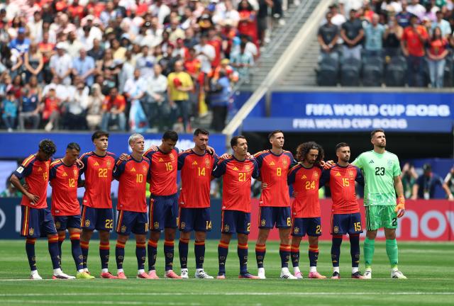 (260711) -- LOS ANGELES, July 11, 2026 (Xinhua) -- Starting players of Spain react before the quarter final match between Spain and Belgium at the 2026 FIFA World Cup at Los Angeles Stadium in Los Angeles, the United States, July 10, 2026. (Xinhua/Bai Xuefei)