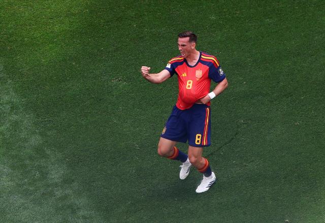 (260711) -- LOS ANGELES, July 11, 2026 (Xinhua) -- Fabian Ruiz of Spain celebrates scoring during the quarter final match between Spain and Belgium at the 2026 FIFA World Cup at Los Angeles Stadium in Los Angeles, the United States, July 10, 2026. (Xinhua/Mao Siqian)