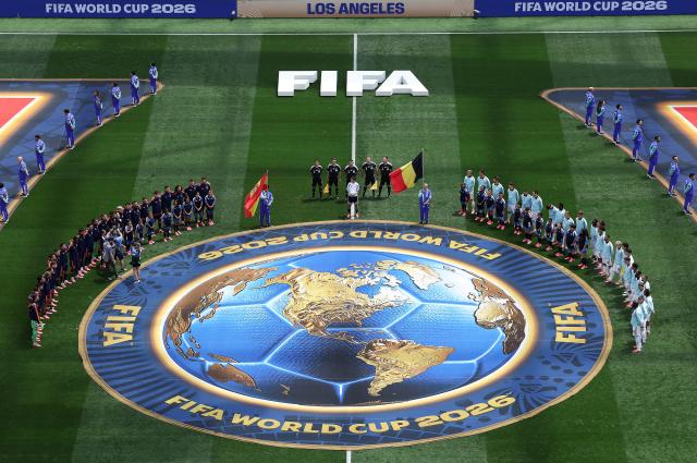 (260711) -- LOS ANGELES, July 11, 2026 (Xinhua) -- Players of both sides react before the quarter final match between Spain and Belgium at the 2026 FIFA World Cup at Los Angeles Stadium in Los Angeles, the United States, July 10, 2026. (Xinhua/Mao Siqian)