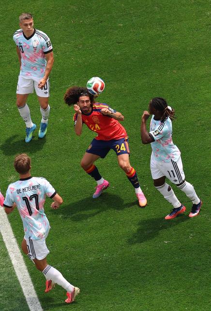 (260711) -- LOS ANGELES, July 11, 2026 (Xinhua) -- Marc Cucurella (C) of Spain competes during the quarter final match between Spain and Belgium at the 2026 FIFA World Cup at Los Angeles Stadium in Los Angeles, the United States, July 10, 2026. (Xinhua/Mao Siqian)