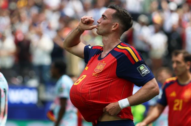 (260711) -- LOS ANGELES, July 11, 2026 (Xinhua) -- Fabian Ruiz of Spain celebrates scoring during the quarter final match between Spain and Belgium at the 2026 FIFA World Cup at Los Angeles Stadium in Los Angeles, the United States, July 10, 2026. (Xinhua/Bai Xuefei)