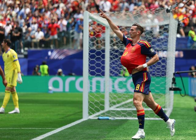 (260711) -- LOS ANGELES, July 11, 2026 (Xinhua) -- Fabian Ruiz of Spain celebrates scoring during the quarter final match between Spain and Belgium at the 2026 FIFA World Cup at Los Angeles Stadium in Los Angeles, the United States, July 10, 2026. (Xinhua/Bai Xuefei)