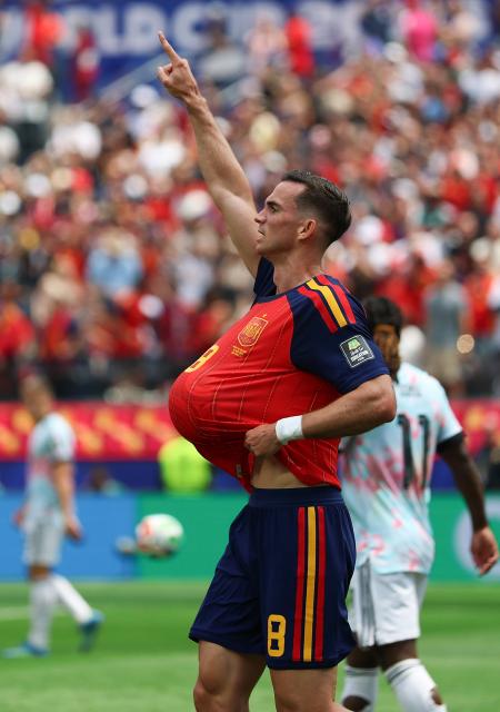 (260711) -- LOS ANGELES, July 11, 2026 (Xinhua) -- Fabian Ruiz of Spain celebrates scoring during the quarter final match between Spain and Belgium at the 2026 FIFA World Cup at Los Angeles Stadium in Los Angeles, the United States, July 10, 2026. (Xinhua/Bai Xuefei)