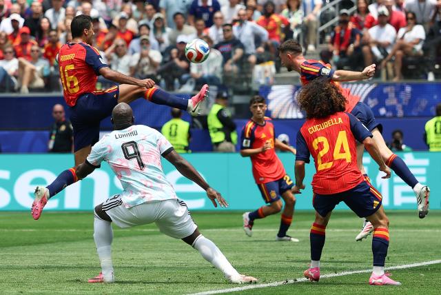(260711) -- LOS ANGELES, July 11, 2026 (Xinhua) -- Rodri (1st L) of Spain competes during the quarter final match between Spain and Belgium at the 2026 FIFA World Cup at Los Angeles Stadium in Los Angeles, the United States, July 10, 2026. (Xinhua/Bai Xuefei)