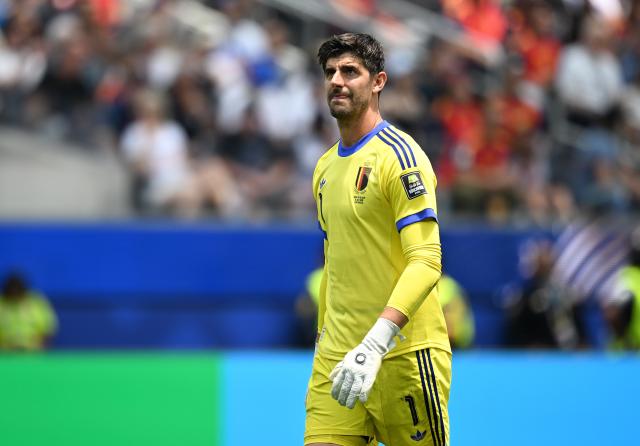 (260711) -- LOS ANGELES, July 11, 2026 (Xinhua) -- Thibaut Courtois, goalkeeper of Belgium reacts during the quarter final match between Spain and Belgium at the 2026 FIFA World Cup at Los Angeles Stadium in Los Angeles, the United States, July 10, 2026. (Xinhua/Wu Xiaoling)
