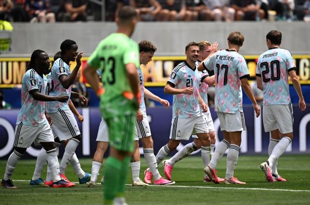 (260711) -- LOS ANGELES, July 11, 2026 (Xinhua) -- Players of Belgium celebrate scoring during the quarter final match between Spain and Belgium at the 2026 FIFA World Cup at Los Angeles Stadium in Los Angeles, the United States, July 10, 2026. (Xinhua/Wu Xiaoling)